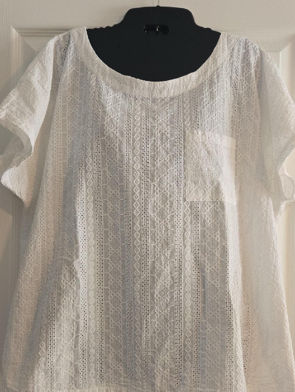 Women's White Lace Short-Sleeve Blouse with Chest Pocket-- Tags Removed.